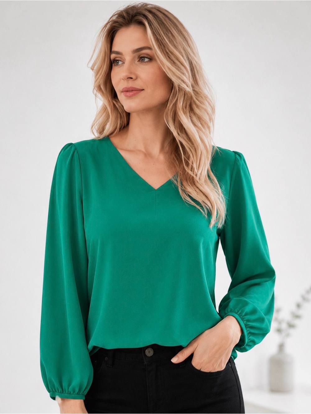 Emerald Green V-Neck Puff Sleeve Relaxed Fit Blouse Excellent Condition Size S